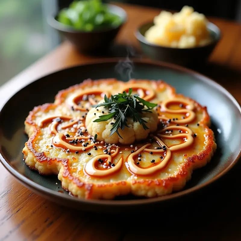 Okonomiyaki de Coliflor y Cerdo: Receta Japonesa Keto con Salsa Umami y Mayonesa