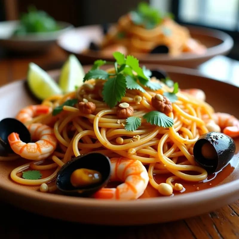 Pad Thai de Fruits de Mer con Salsa Tamarindo y Cacahuetes: Receta Tailandesa Gourmet Sin Gluten