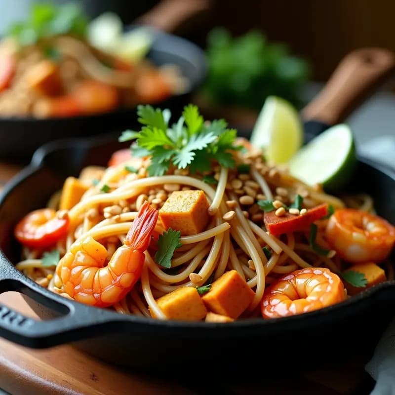Pad Thai de gambas y tofu con maní triturado: Receta tailandesa equilibrada en sartén