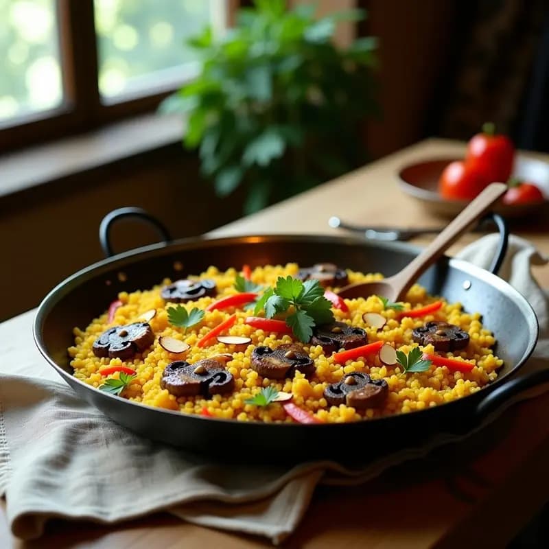 Paella de Quelites y Hongos Portobello: Versión Mexicana Vegana y Sin Mariscos