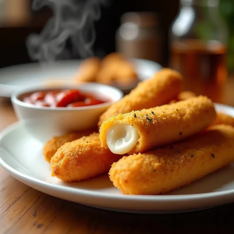 Palitos de Mozzarella Fritos con Pan Rallado y Salsa de Tomate Picante