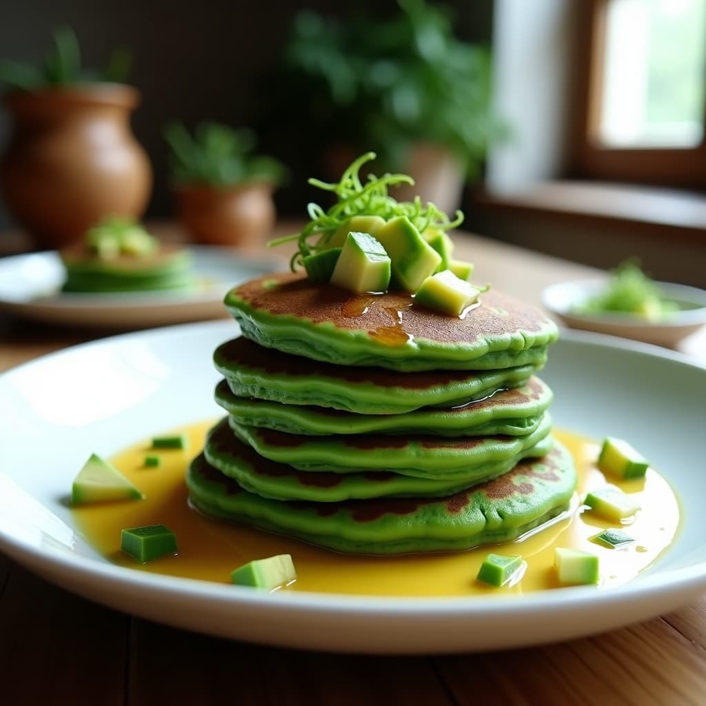 Pancakes de lensinata y espirulina: desayuno verde alto en hierro y proteína