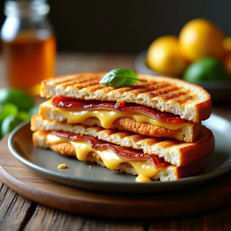 Panini de Pollo Empanizado, Queso Mozzarella, Bacon y Miel Mostaza: Sándwich Gourmet para Días de Indulgencia