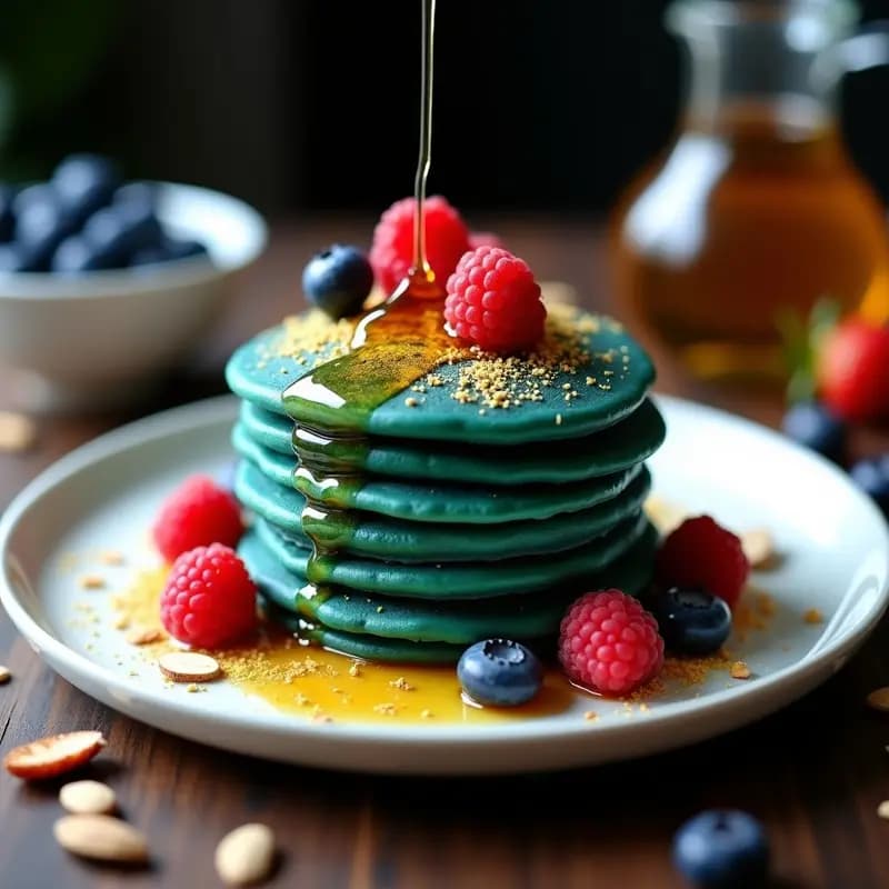 Panqueques de Espirulina con Sirope de Arce y Polvo de Oro Comestible: Desayuno Gourmet Fotogénico
