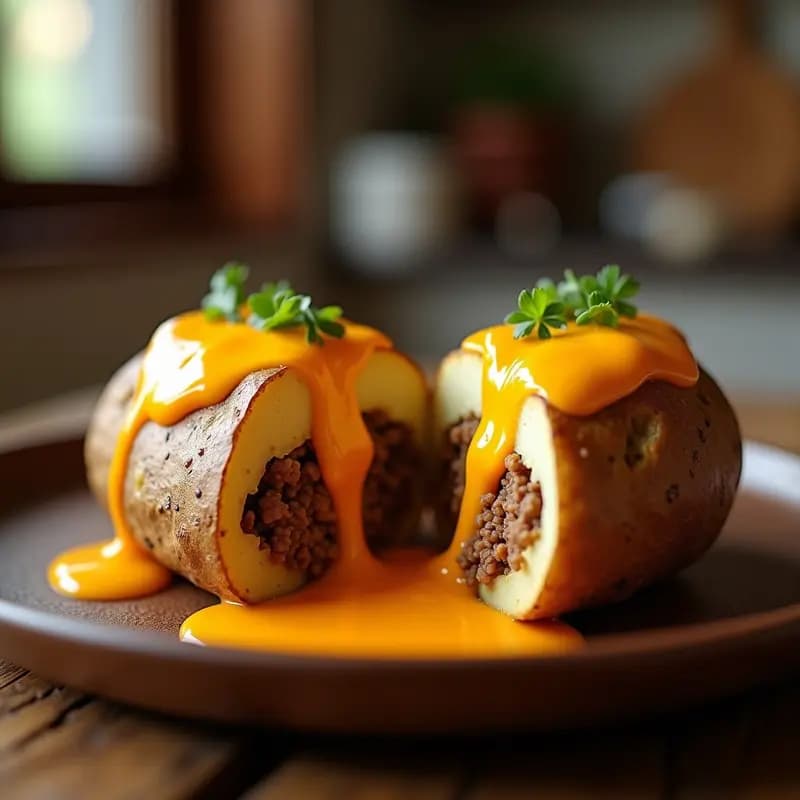 Papa Rellena de Carne Molida, Queso Cheddar y Salsa de Queso Nacho: Bomba de Calorías en Cada Bocado