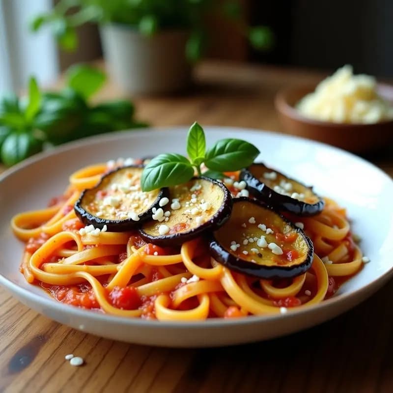 Pasta alla Norma con Berenjenas Ahumadas y Queso de Almendras: Receta Siciliana Vegana