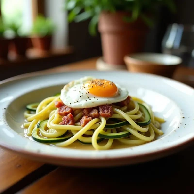 Pasta Carbonara de Calabacín con Panceta y Huevo Pochado: Receta Italiana Low Carb