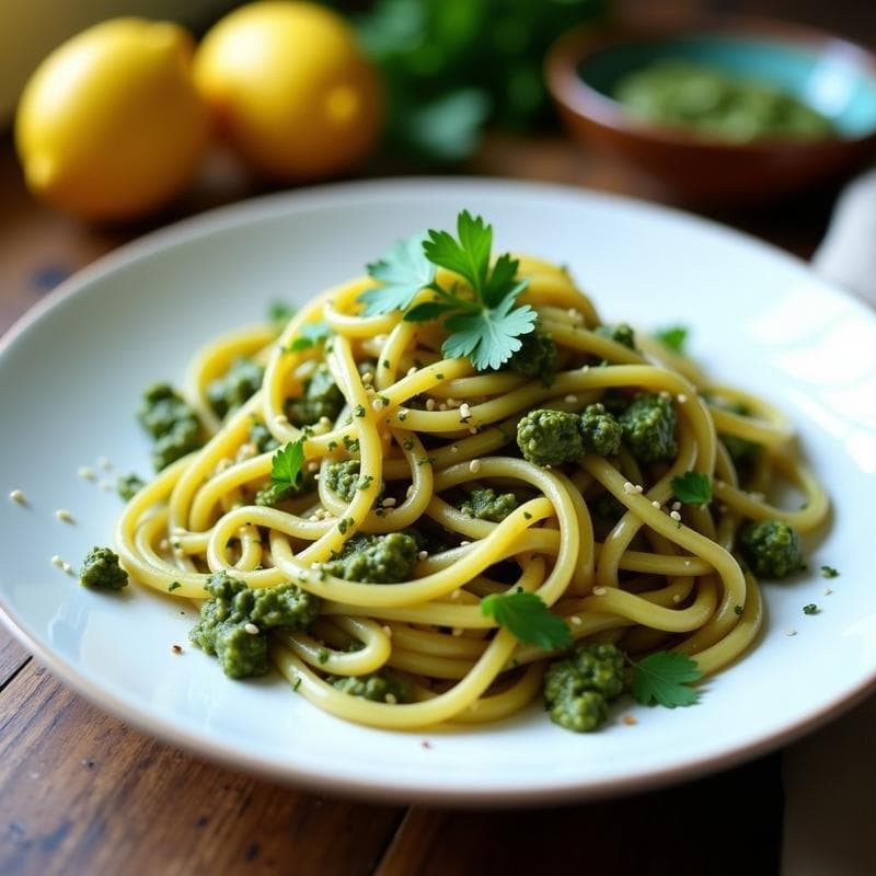Pasta de Garbanzo con Pesto de Algas y Limón: Receta Sin Gluten en 10 Minutos