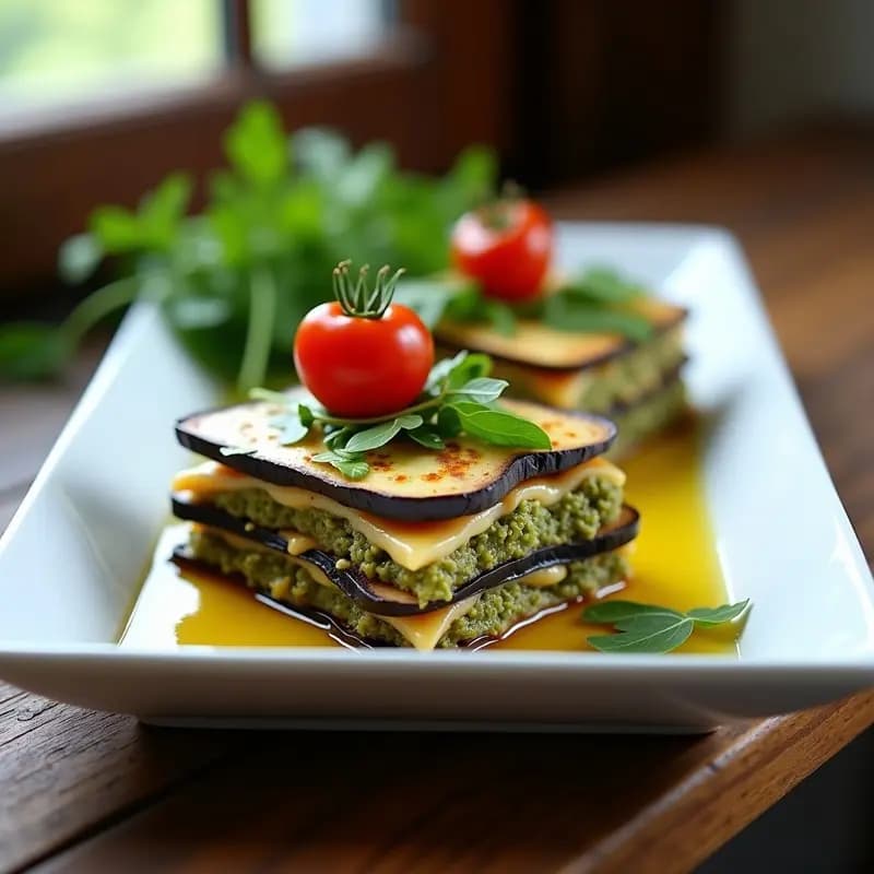 Pastel de Berenjena y Queso de Anacardos con Pesto de Rúcula: Lasaña Crudivegana Sin Horno