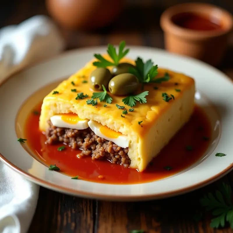 Pastel de Papa Argentino: Relleno de Carne, Huevos Duros y Aceitunas con Salsa de Tomate Casera