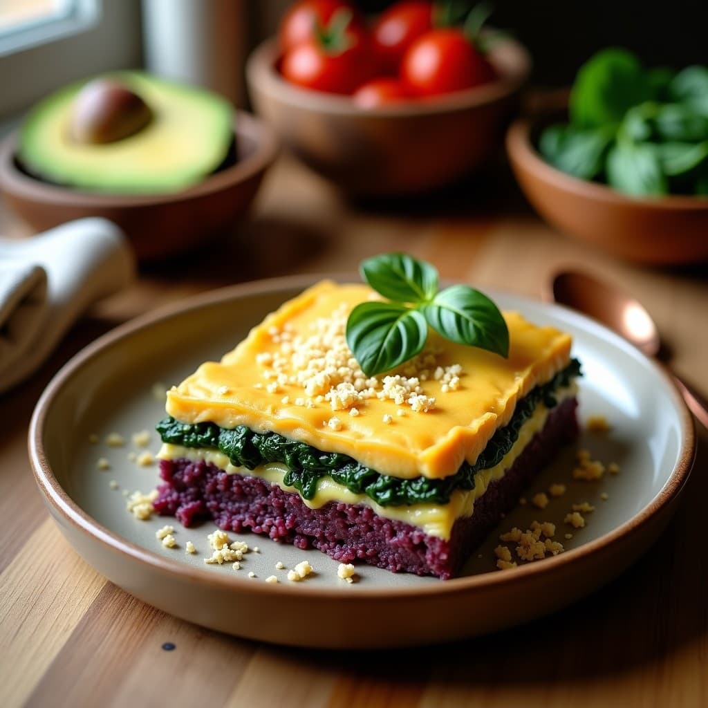 Pastel de Papa Morada y Espinacas con Bechamel de Anacardos: Receta Vegana Colombiana