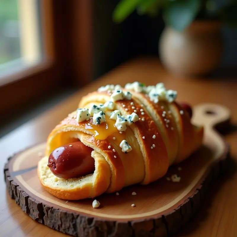 Perrito Caliente de Salchicha Embutida en Masa de Croissant con Queso Azul y Miel: Luxury Street Food en Casa