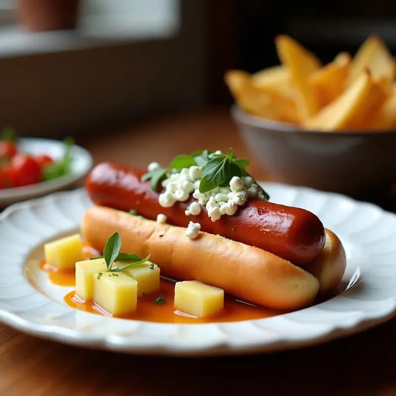 Perro Caliente de Chorizo Ibérico con Patatas Panaderas y Queso Azul: Explosión de Sabores Ibéricos en un Bocado
