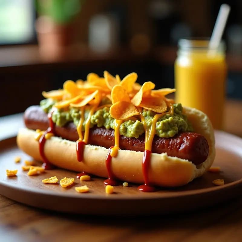 Perro Caliente con Nachos Triturados y Guacamole de Aguacate y Mango: Receta Mexicana Explosiva