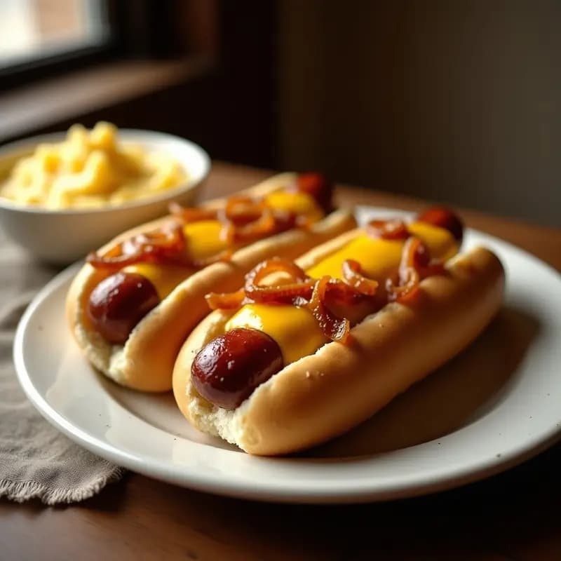Perros Calientes Ahumados con Queso Cheddar Derretido y Puré de Patatas con Queso: Comida Rápida Repleta de Sabor