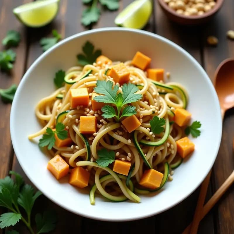 Phao Thai de Calabacín y Tofu: Fideos Tailandeses Sin Gluten en Sartén