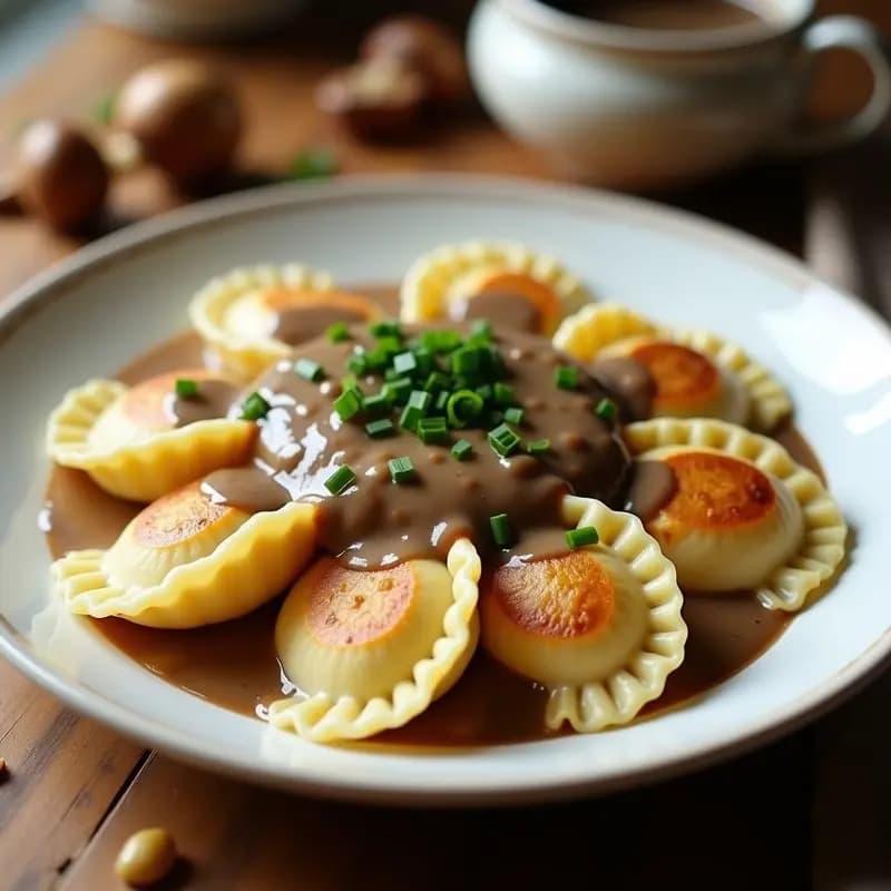 Pierogi de Patata y Cebolla Caramelizada con Crema de Champiñones: Receta Polaca Vegana