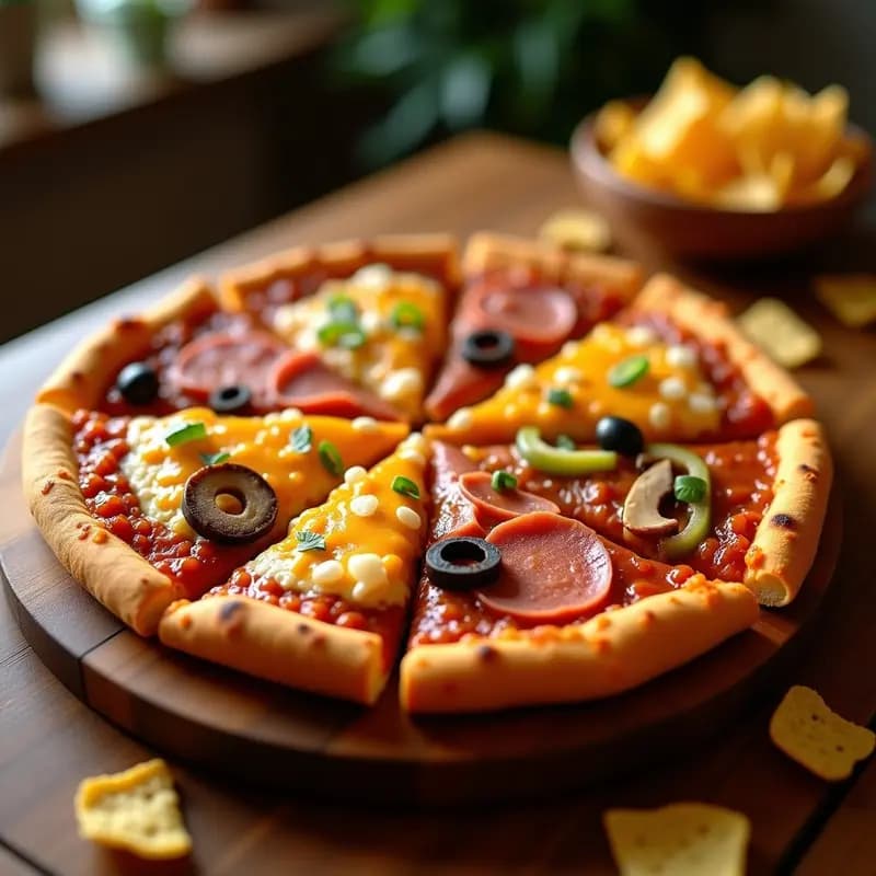 Pizza 4 Estaciones Extrema con Doritos, Nachos, Jamón y Piña: Explosión de Sabores