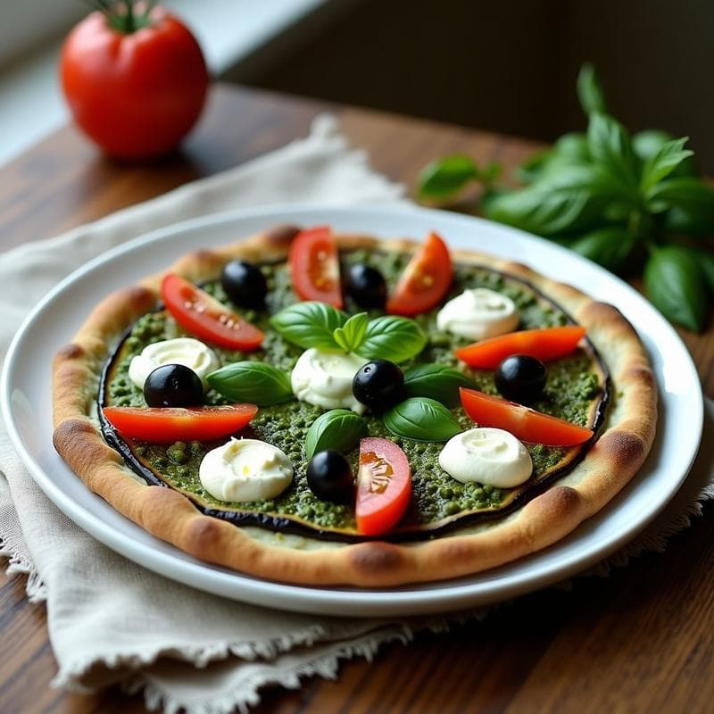 Pizza de Berenjena con Pesto de Espirulina y Queso de Anacardos: Receta Vegana Sin Horno