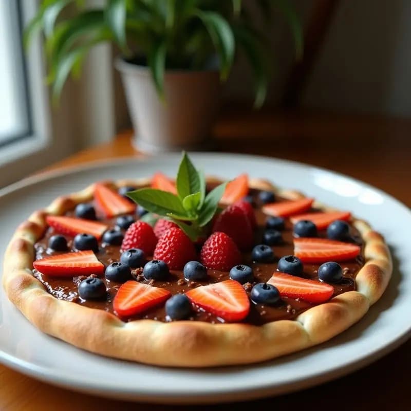Pizza de Chocolates Blancos, Negros y con Leche con Toppings de Frutas y Caramelo: Postre o Cena Dulce