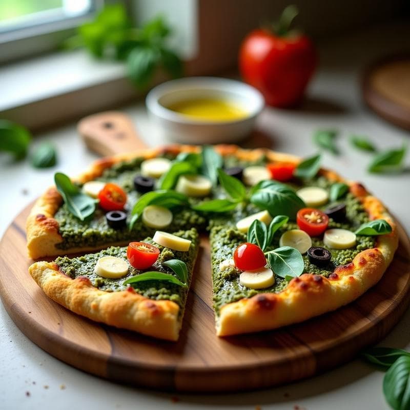 Pizza de Base de Coliflor con Pesto de Rúcula y Parmesano Vegano: Receta Keto en 15 Minutos