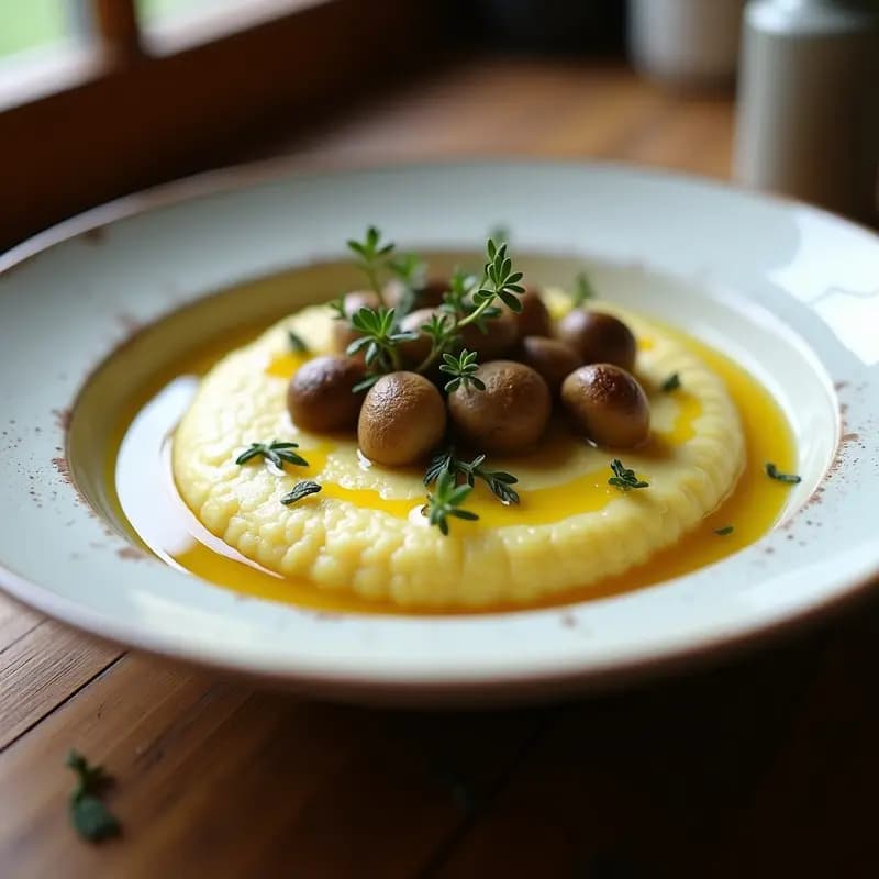 Polenta Cremosa con Hongos Morchella y Tomillo: Receta Italiana Sin Lactosa en Olla Rápida