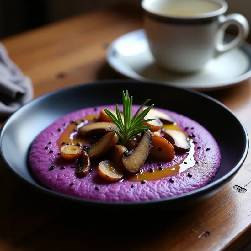 Polenta de Maíz Morado con Hongos Shimeji: Receta Italiana Vegana y Sin Gluten