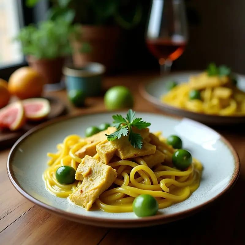 B Linzhi de Pollo al Curry Verde con Bambú y Albahaca Tailandesas: Receta Exótica en Wok