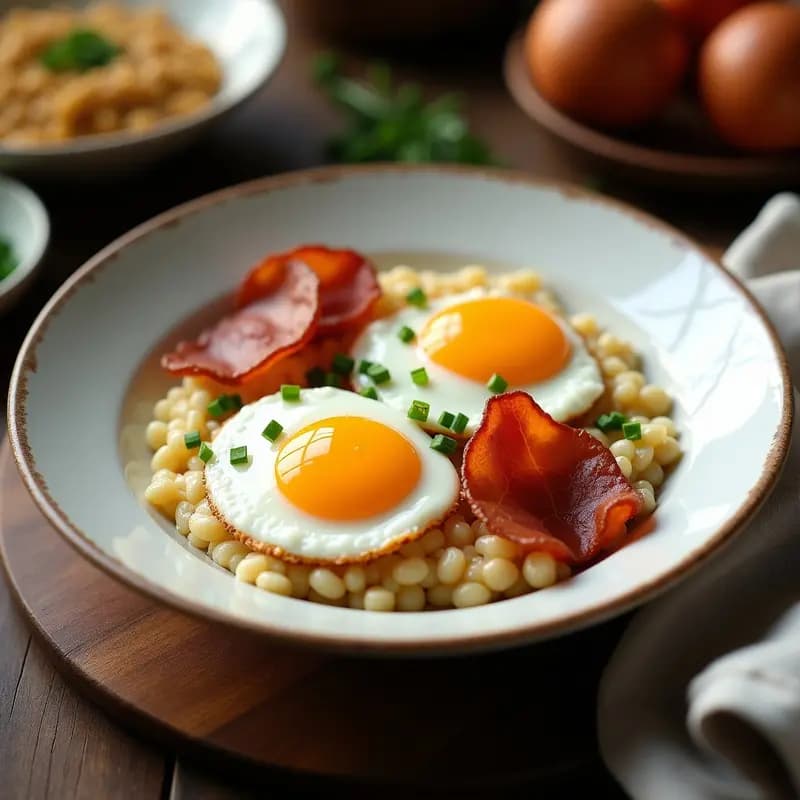 Porridge de Quinoa con Prosciutto Crujiente y Huevos Pochados: Desayuno Gourmet Alta en Proteína