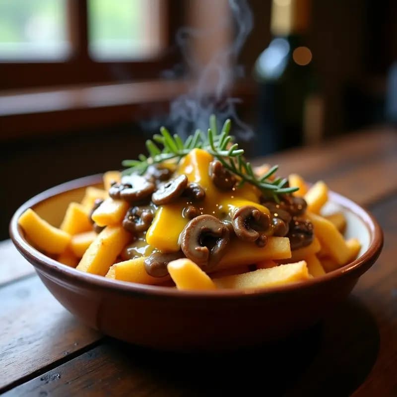 Poutine Canadiense con Queso Cheddar y Salsa de Hongos: Receta Contundente para Antojos