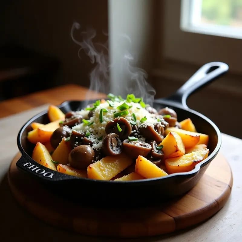 Poutine Canadiense con Queso en Granos y Salsa de Hongos: Receta Gratinada en Sartén