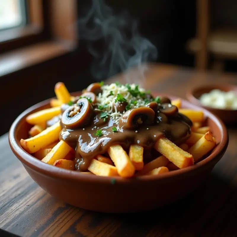Poutine Canandiense con Queso Vegano y Gravy de Champiñones: Receta Reconfortante Sin Lactosa