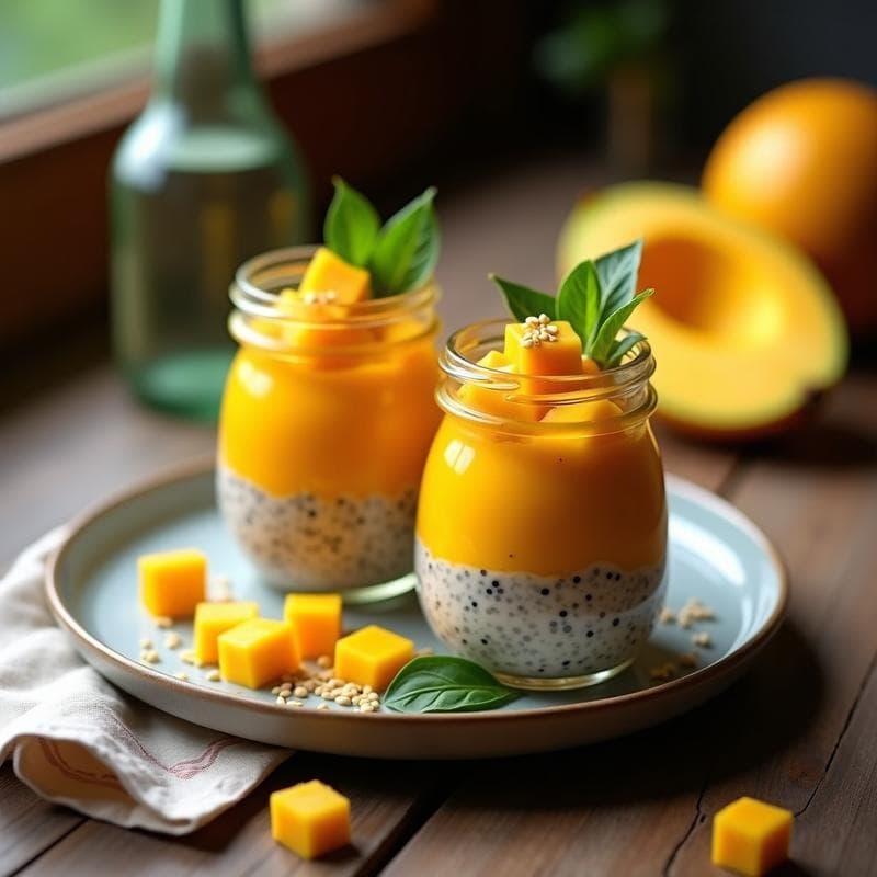 Pudín de Chía y Mango con Hojitas de Albahaca: Postre Overnight Vegano y Refrescante en 10 Minutos