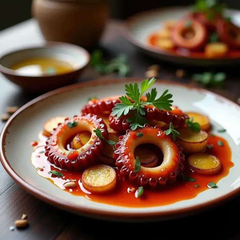 Pulpo al Ajillo con Patatas Panaderas y Romesco: Receta Española Gourmet en Sartén