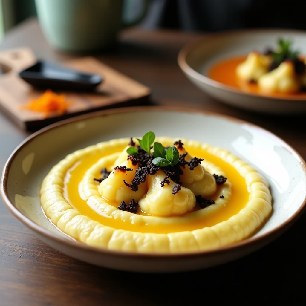 Puré de Coliflor y Azafrán con Virutas de Trufa Negra: Entrante Español Keto en 20 Minutos
