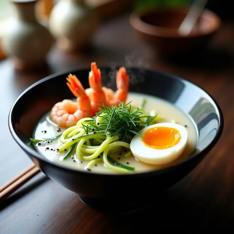 Ramen de Camaron con Caldo de Miso Blanco y Espárragos: Receta Japonesa Keto en 20 Minutos