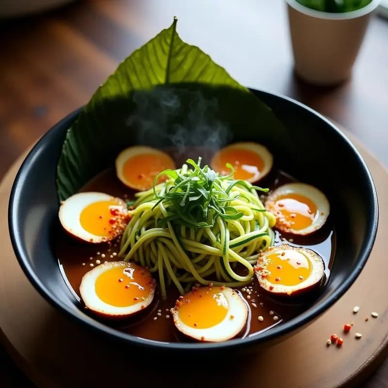 Ramen de Fideos de Calabacín con Caldo de Bone Broth y Huevos de Codorniz