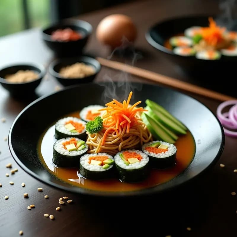 Ramensushi: Fusión de Ramen y Sushi en Rollitos de Algas con Caldo de Miso y Verduras