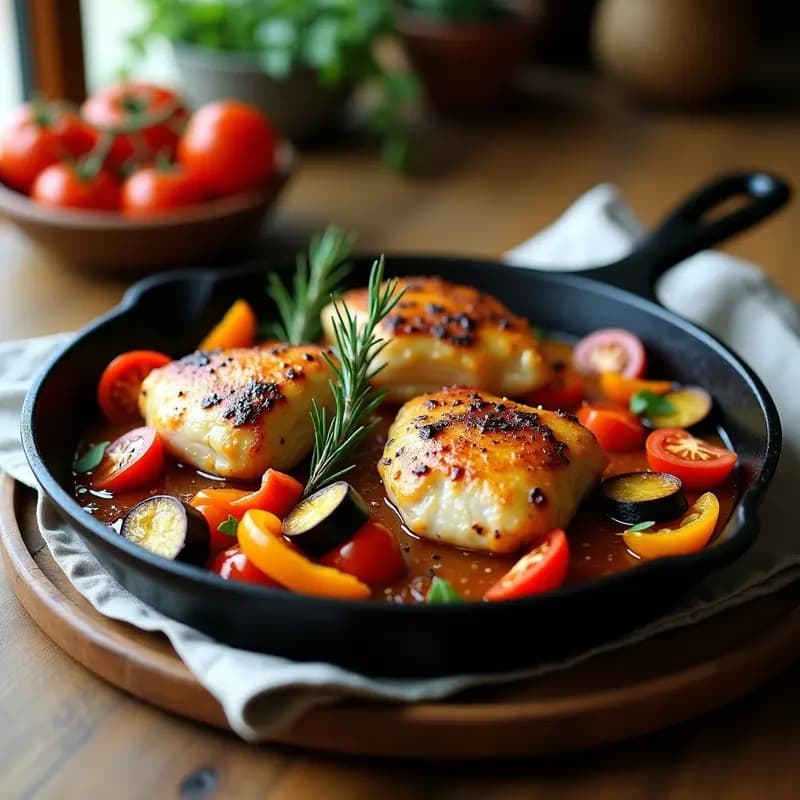 Ratatouille Provenzal con Pollo al Romero: Receta Francesa en una Sola Sartén