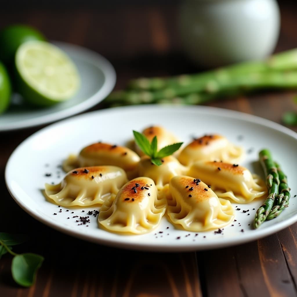 Raviolis de Masa de Konjac Rellenos de Espárrago Triguero y Toque de Lima: Receta Japonesa Sin Carbohidratos