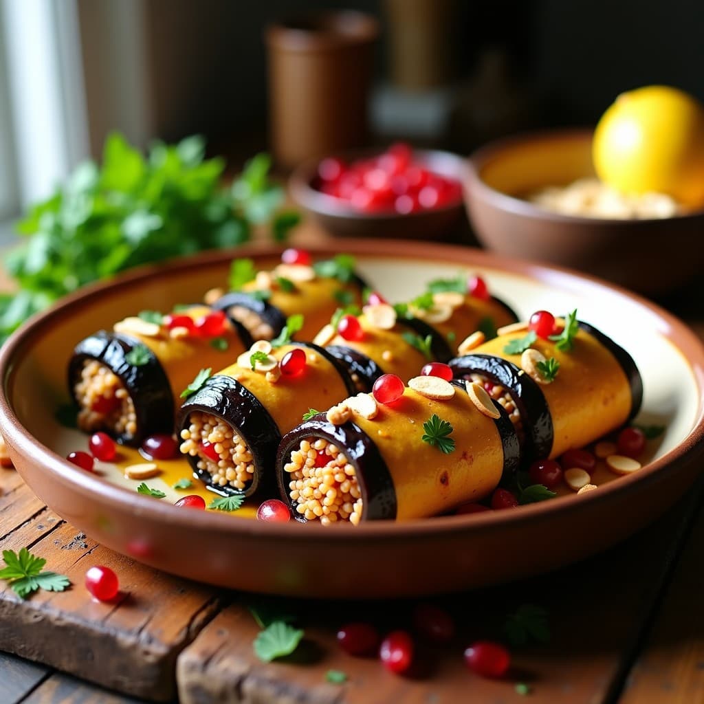 Rollitos de Berenjena Rellenos de Bulghur y Granados: Receta Mediterránea Vegana al Horno
