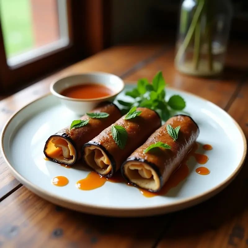 Rollitos de Berenjena y Carne de Canguro con Salsa de Tamarindo: Receta Australiana Gourmet en 25 Minutos