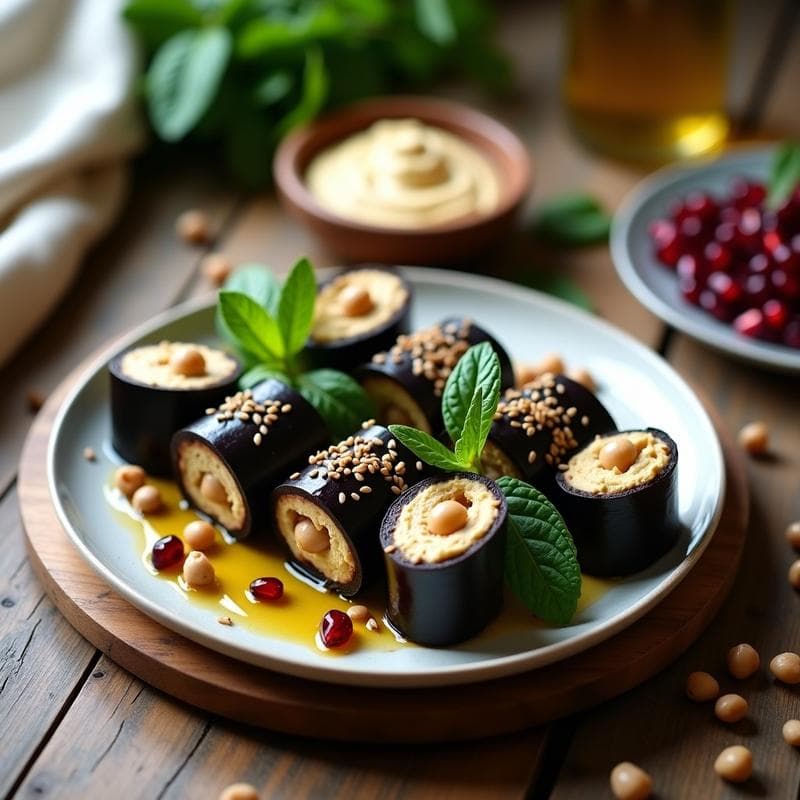 Rollitos de Berenjena Rellenos de Hummus y Hojitas de Menta: Receta Vegana y Sin Cocción
