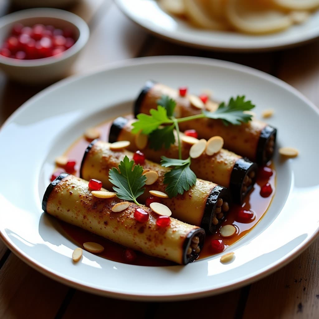 Rollitos de Berenjena con Relleno de Lentejas Beluga y Granadas: Receta Árabe en Horno