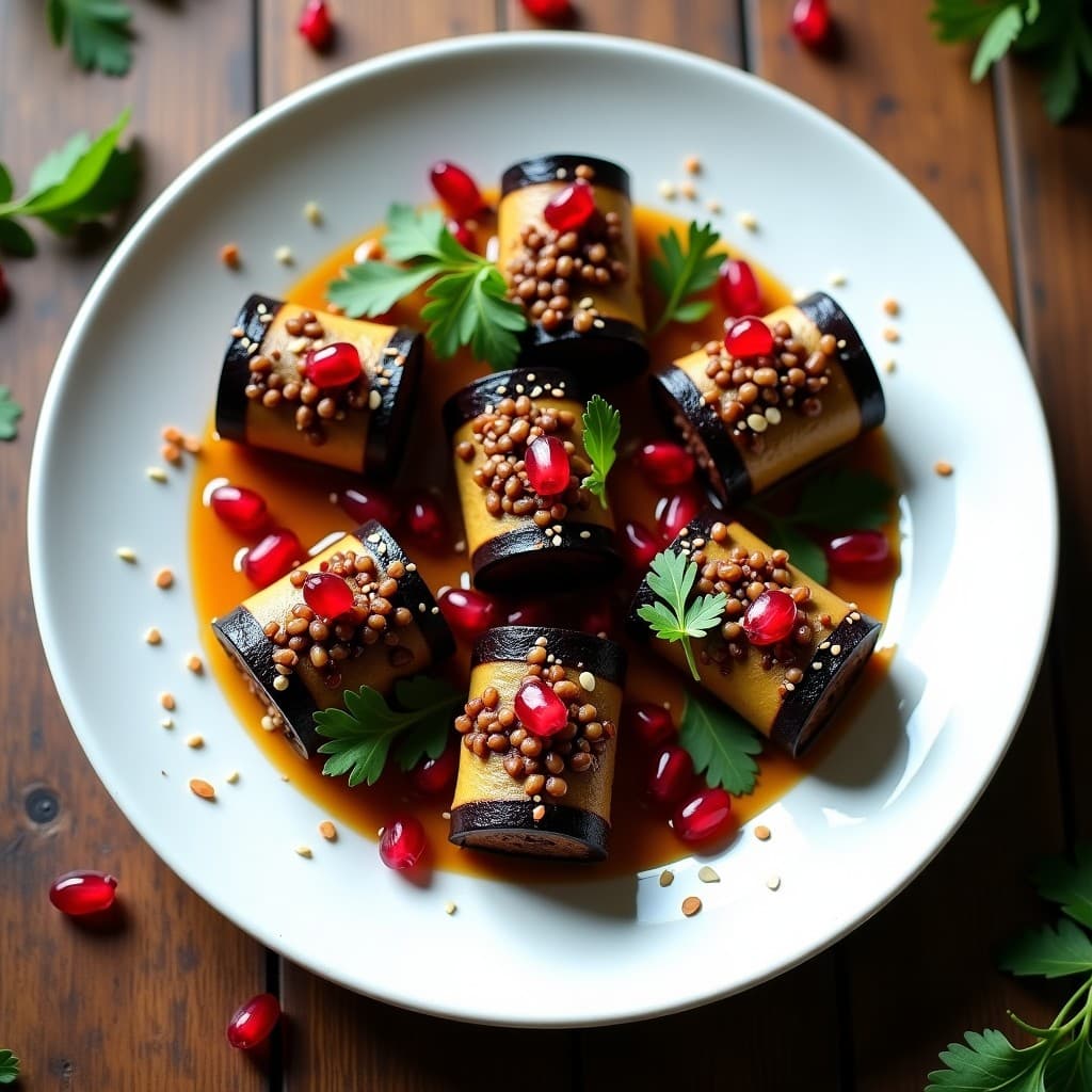 Rollitos de Berenjena Asada con Relleno de Lentejas y Granos de Granada: Receta Persa Vegana