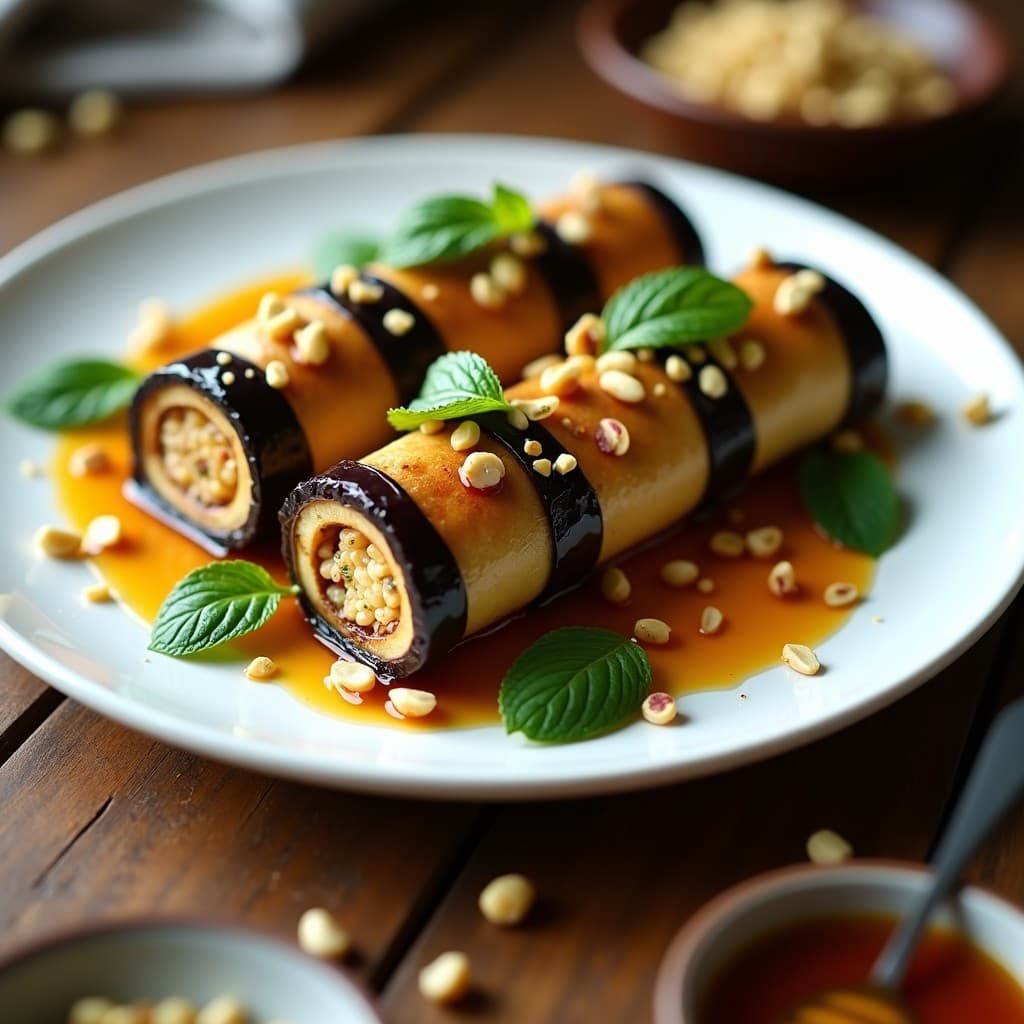 Rollitos de Berenjena con Relleno de Arroz Salvaje y Pasas: Entrante Persa Dulce-Salado