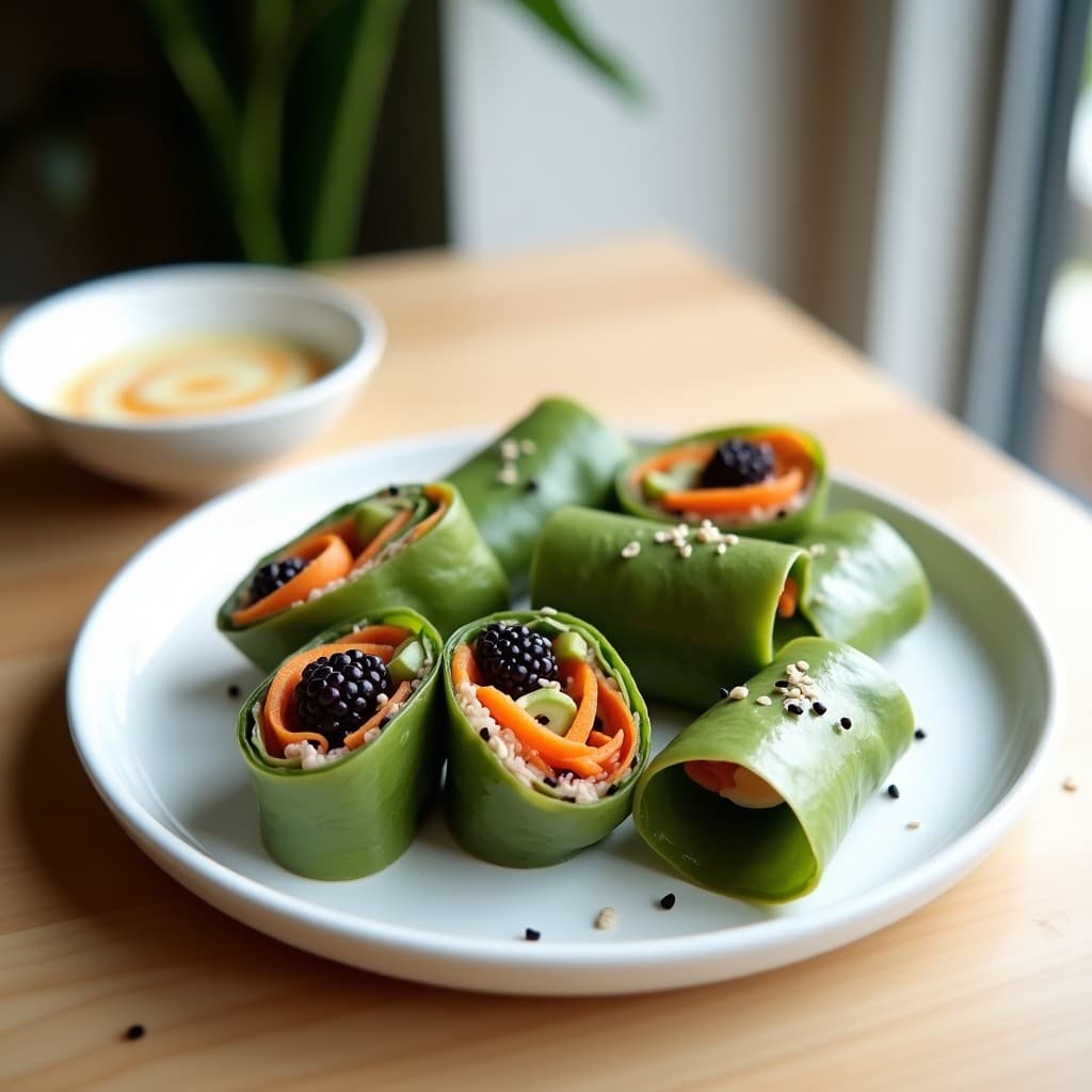 Rollitos de Primavera de Algas Wakame y Zarzamora: Entrante Japonés Crudivegano
