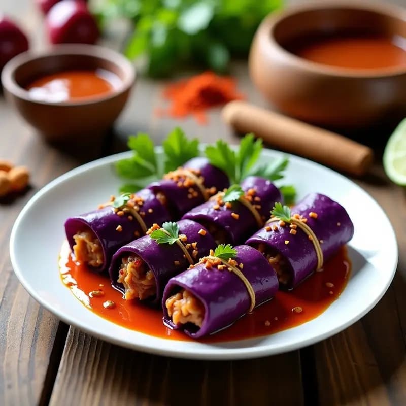 Rollitos de Repollo Morado y Carne de Jackfruit: Receta Vegana con Salsa de Tamarindo