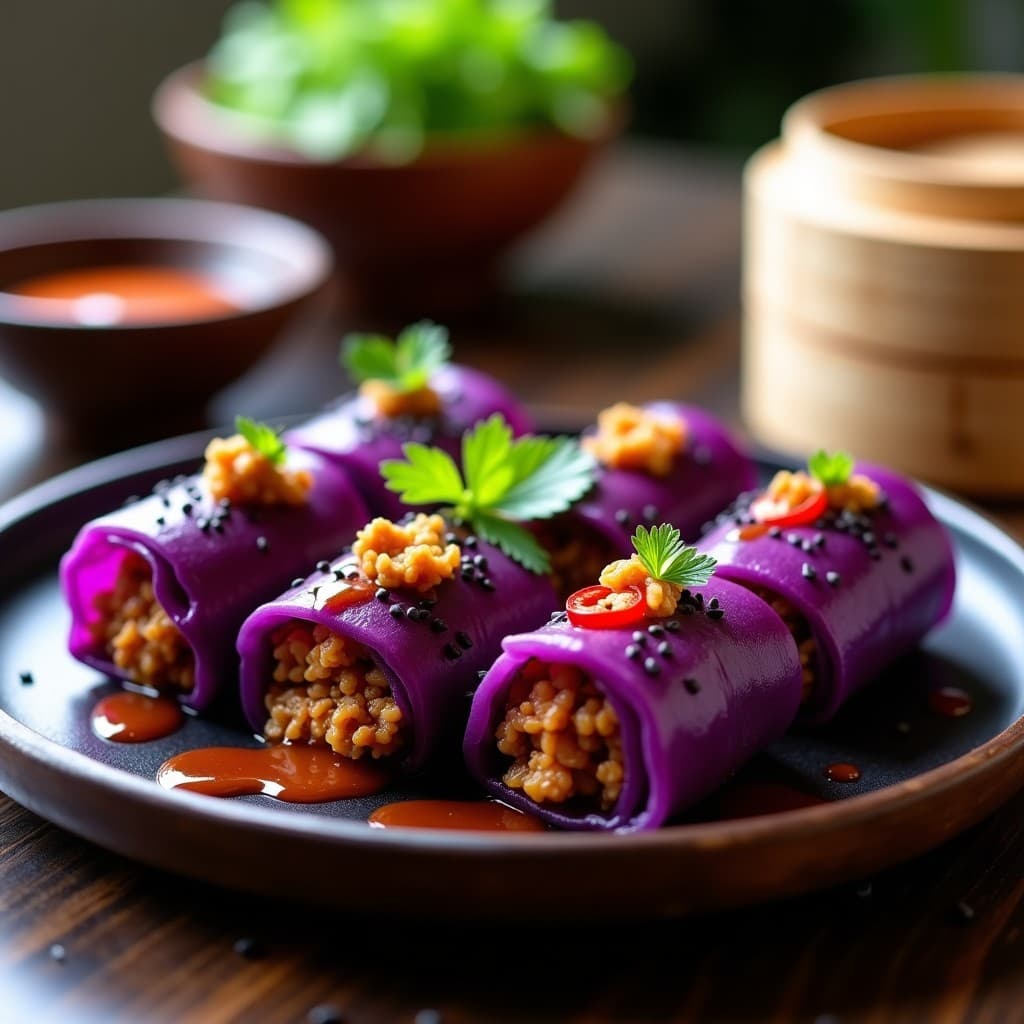 Rollitos de Repollo Morado con Picadillo de Tempeh y Tamarindo: Aperitivo Tailandés
