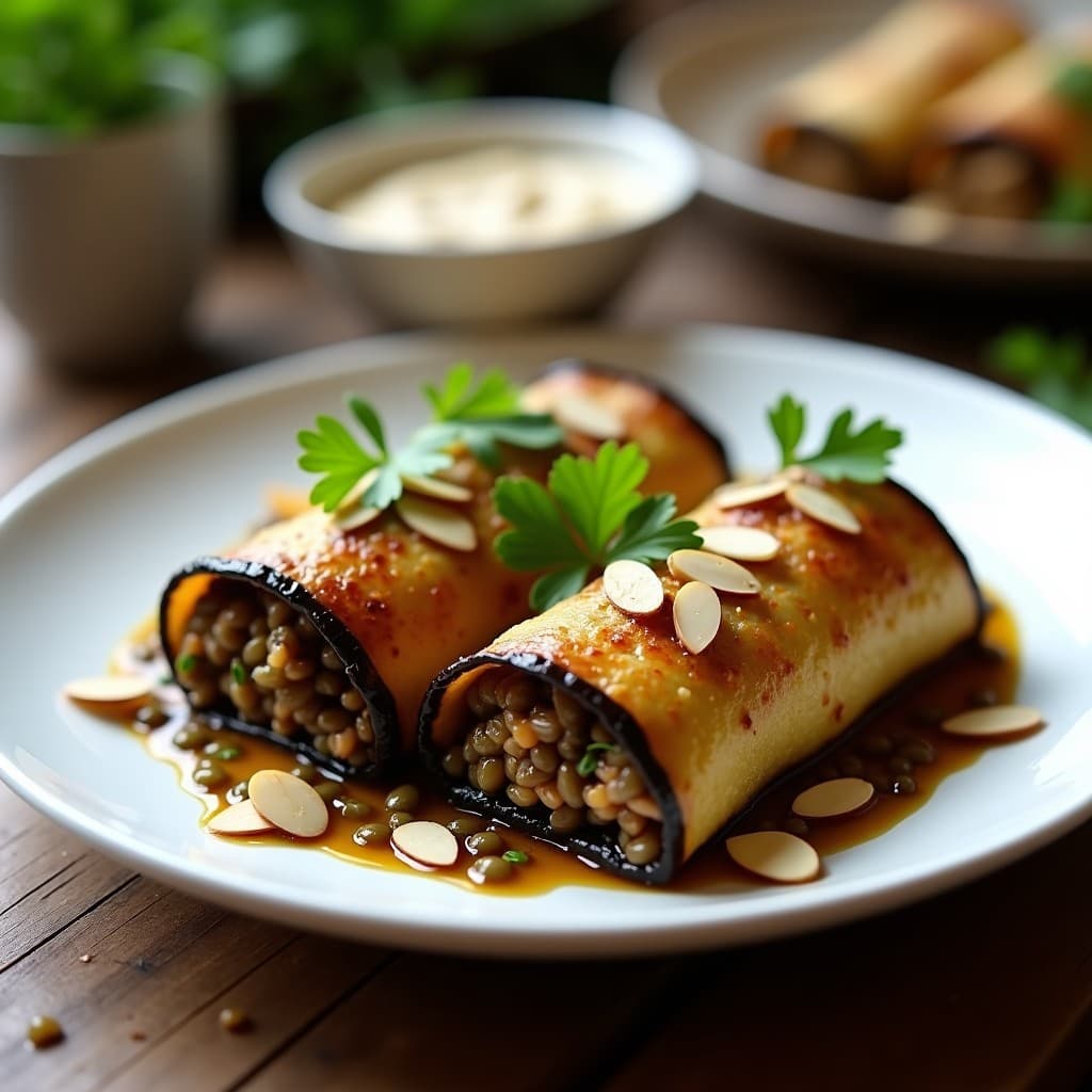 Rollos de Berenjena Rellenos de Lentejas Beluga y Arroz Salvaje: Receta Vegana en Airfryer